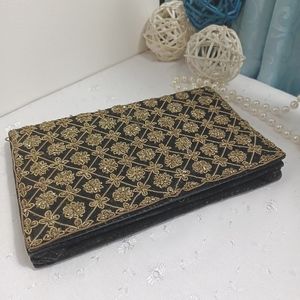 Vintage velvet clutch purse with silver and gold wire embroidery and satin lined